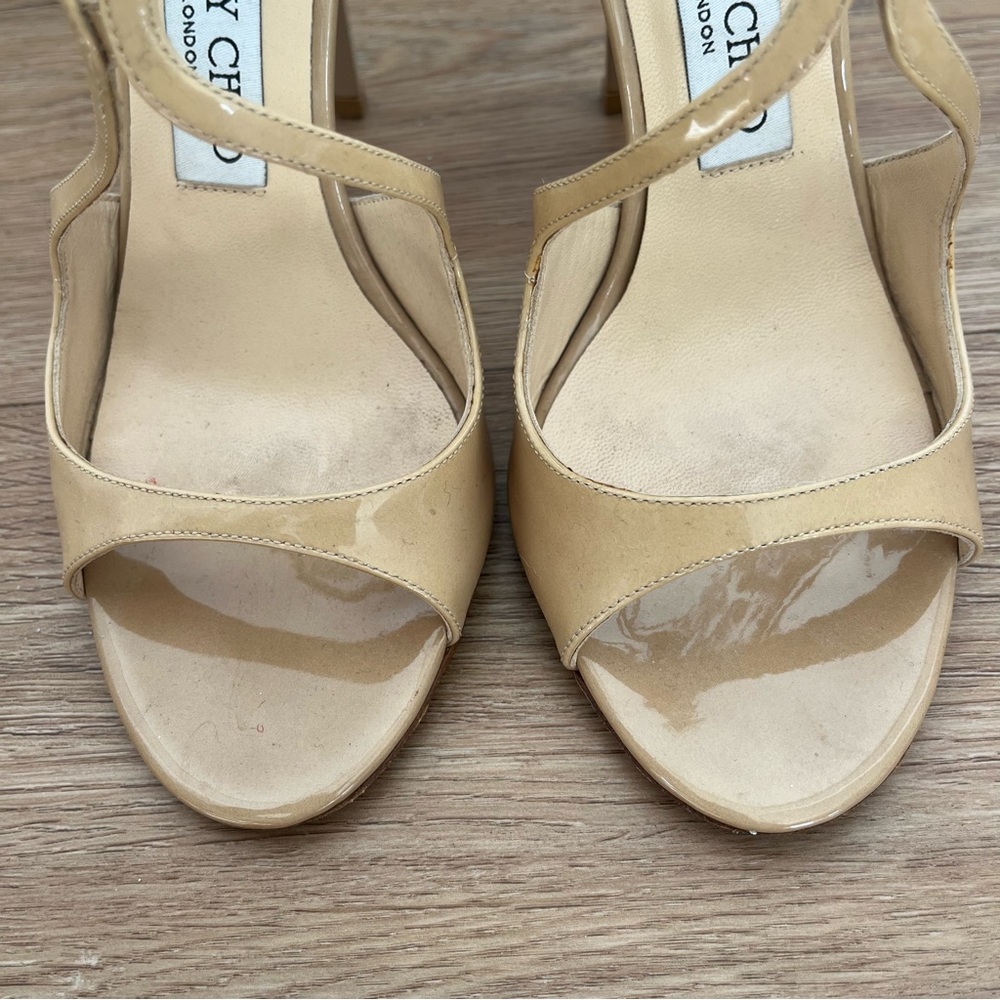 Jimmy Choo Lang Nude Patent Leather Strappy Sandals Heels 37.5 - Picture 9 of 12
